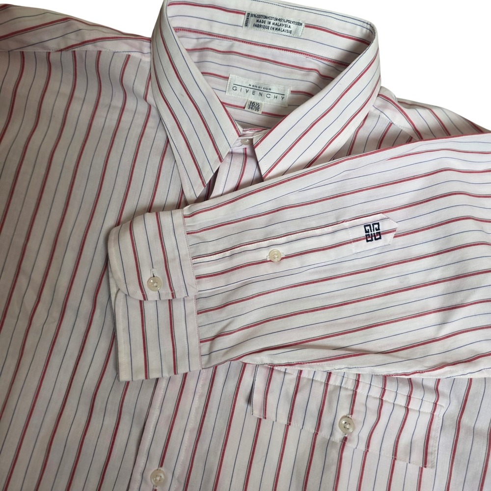 Vintage Monsieur Givenchy Striped Dress Shirt Mens 16.5 34/35 Logo Sleeve Cotton